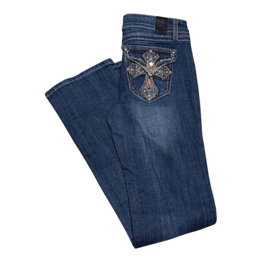 Grace in LA Rhinestone Cross Pockets Cotton Blend Jeans Women's 8 (31x33.5)